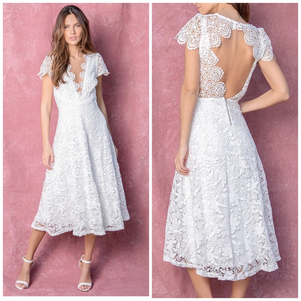 NWT Lulu’s White Crochet Lace Backless Midi Dress